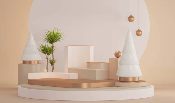 Minimal sahne, toplar, çam ağaçları, podyum. Altın ve pastel renkli arka plan. Yeni yıl için, Noel tatili kış konsepti ve dergiler, sosyal medya.