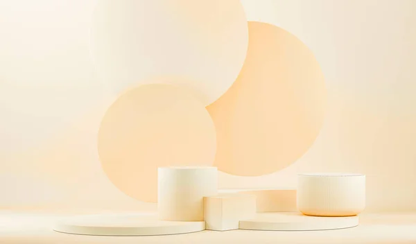 Podyum ve soyut arkaplanı olan en küçük sahne. Pastel bej ve mercan renkleri sahnesi. Sosyal medya afişleri, tanıtım ve kozmetik ürünler için 3D moda. Geometrik şekiller iç kısımda.