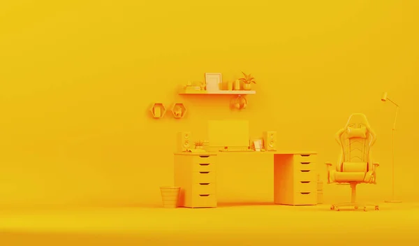 Pastelově Žlutý Monochromatický Minimální Kancelářský Stůl Boční Pohled Úspěšného Obchodníka — Stock fotografie