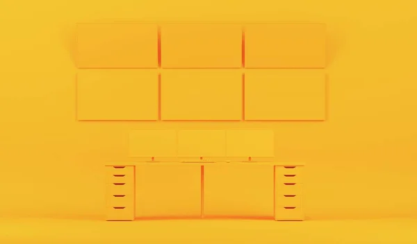Pastelově Žlutý Monochromatický Minimální Kancelářský Stůl Boční Pohled Úspěšného Obchodníka — Stock fotografie