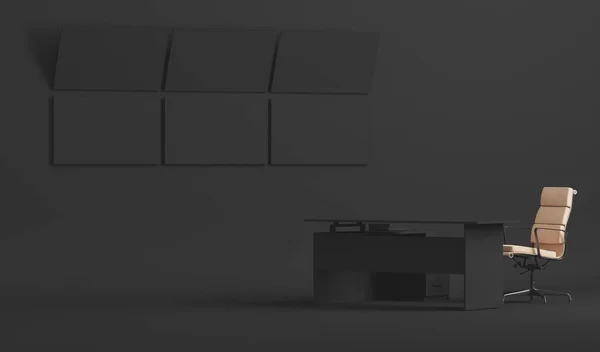 黑色单色最小的写字台 成功的交易者或商人的侧面观点 有一个空电脑的工作空间和墙上的监视器 3D渲染 — 图库照片