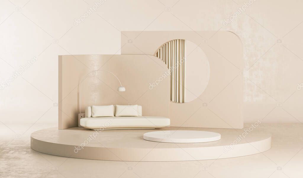 Minimal scene with podium and abstract background. Pastel cream and beige scene. Trendy 3d render for social media banners, promotion, cosmetic product show. Geometric shapes interior.