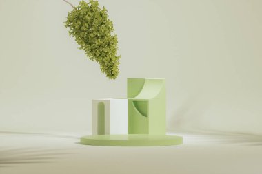 3 boyutlu podyum, ortanca çiçeği ve dekoratif vazolarla birlikte pastel yeşil arka plan. Şakayık çiçeği ve doğa yaprağı. Güzellik ve ürün için minimum kaide. Kadınsı kopyalama alanı şablonu 3d oluşturma