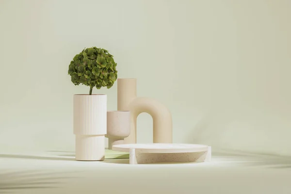 Exibição Pódio Fundo Verde Pastel Com Flores Hortênsias Vasos Decorativos — Fotografia de Stock