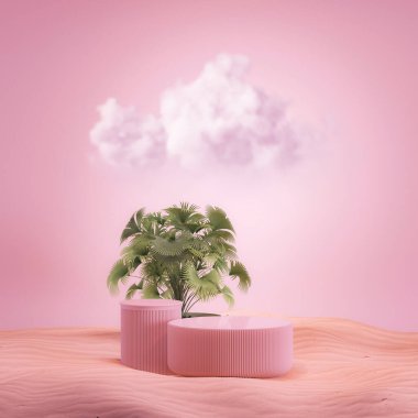 Doğal güzellik podyumu ve tropikal palmiye yaprakları olan pembe kumlar, soyut arka plan. Boşluk. 3D oluşturma maketi
