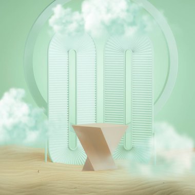 Kum tepeciklerinin arkasındaki soyut platform podyumu. Ahşap kaide prim podyumu. Ürünlerin tanıtımı için gerçekçi pastel yeşili maketi, kozmetik sunumu. 3d hazırlayıcı