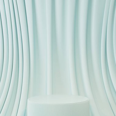 Podyum ve perde ile minimum sahne, soyut arkaplan. Pastel mavi ve beyaz renkler. Sosyal medya afişleri, tanıtım ve kozmetik ürünler için 3D moda. Geometrik şekiller iç kısımda.