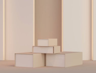 Bej arka planda moda podyumu. Kutular ve bavullar birinci sınıf. Ürünlerin tanıtımı, kozmetik ve moda sunumu için gerçekçi pastel maketler. 3d hazırlayıcı