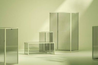 Ahşap ürün sergilenen, doğa yapraklı minimum sahne. Pastel yeşil ve beyaz renkler sahnesi. Sosyal medya afişleri, tanıtım ve kozmetik ürünleri için 3D moda. Geometrik şekiller iç kısımda.