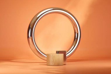 Tropikal yapraklı turuncu ürün podyumunun olduğu en küçük sahne. Pastel ve sakinleştirici mercan renkleri sahnesi. Sosyal medya afişleri için 3D moda. Geometrik şekiller iç kısımda.