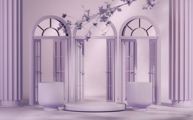 Mor kapı ve güneş gölgesi ve yaprak gölgesi olan soyut podyum. Stüdyonun mor arka planında vitrin gösterisi. Stüdyo ve moda sunumu için 3D sunum. Geometri şekli.