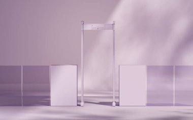 Mor arka planda metal dedektör tarayıcısı için yaratıcı bileşim. Metal detektörlü iki güvenlik kapısı. Detektör konseptinden geç. 3d oluşturma