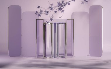 Mor kapı ve güneş gölgesi ve yaprak gölgesi olan soyut podyum. Stüdyonun mor arka planında vitrin gösterisi. Stüdyo ve moda sunumu için 3D sunum. Geometri şekli.