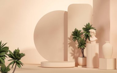 Bej kapılı, soyut bir podyum, güneş gölgesi ve tropikal bir saksı. Stüdyonun mor arka planında vitrin gösterisi. Stüdyo ve moda sunumu için 3D sunum. Geometri şekli.