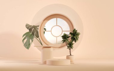 Bej kapılı, soyut bir podyum, güneş gölgesi ve tropikal bir saksı. Stüdyonun mor arka planında vitrin gösterisi. Stüdyo ve moda sunumu için 3D sunum. Geometri şekli.