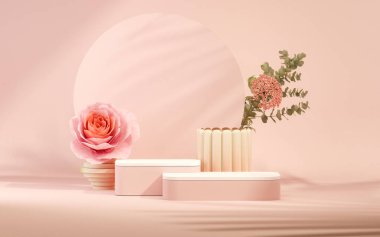 3 boyutlu podyum, gül çiçekli pastel pembe arkaplan. Şakayık çiçekleri ve palmiye yaprağı gölgesi. Güzellik için minimum kaide, kozmetik ürün. Valentine, kadınsı kopyalama alanı şablonu 3d oluşturma