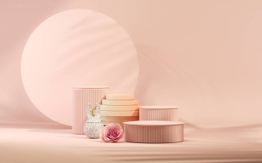 3 boyutlu podyum, gül çiçekli pastel pembe arkaplan. Şakayık çiçekleri ve palmiye yaprağı gölgesi. Güzellik için minimum kaide, kozmetik ürün. Valentine, kadınsı kopyalama alanı şablonu 3d oluşturma