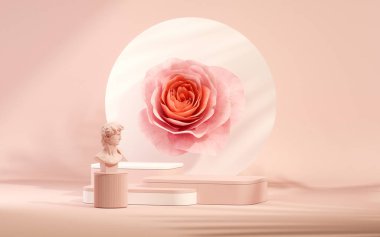 3 boyutlu podyum, gül çiçekli pastel pembe arkaplan. Şakayık çiçekleri ve palmiye yaprağı gölgesi. Güzellik için minimum kaide, kozmetik ürün. Valentine, kadınsı kopyalama alanı şablonu 3d oluşturma