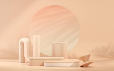 Lego tuğlaları ve podyum. Pastel arka planda beyaz ve bej plastikten Lego Bloğu. Oyuncak üreticisi. Ürün, stüdyo, sunum veya çerçeve arkaplan için 3B hazırlama