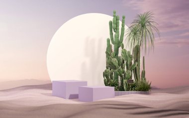Kum tepeciklerinin arkasındaki soyut platform podyumu. Arkasında ayna olan taştan bir kürsü, tropikal yapraklar. Ürünlerin tanıtımı ve sunumu için gerçekçi pastel mor model. 3d hazırlayıcı