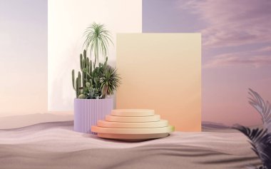 Kum tepeciklerinin arkasındaki soyut platform podyumu. Arkasında ayna olan taştan bir kürsü, tropikal yapraklar. Ürünlerin tanıtımı ve sunumu için gerçekçi pastel mor model. 3d hazırlayıcı