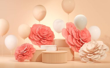 3 boyutlu podyum, gül çiçekli pastel pembe arkaplan. Kabarcıklar ve palmiye yaprağı gölgesi. Güzellik için minimum kaide, kozmetik ürün. Valentine, kadınsı kopyalama alanı şablonu 3d oluşturma