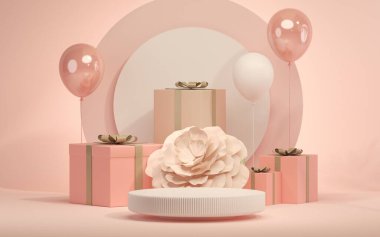Üç boyutlu podyum, hediye kutularıyla mercan pembe arka plan. Köpük ve palmiye yaprağı gölgesi. Güzellik için minimum kaide, kozmetik ürün. Sevgililer Günü, Kadınlar Günü. 3d hazırlayıcı