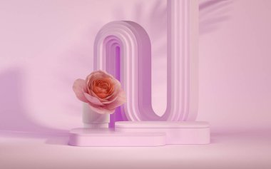 3 boyutlu podyum, pastel mor arka planda gül çiçekli hediye. Köpük ve palmiye yaprağı gölgesi. Güzellik için minimum kaide, kozmetik ürün. Sevgililer Günü, Kadınlar Günü. 3d hazırlayıcı