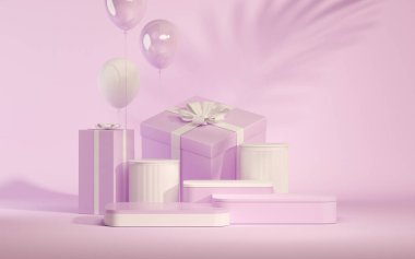 3 boyutlu podyum, pastel mor arka planda gül çiçekli hediye. Köpük ve palmiye yaprağı gölgesi. Güzellik için minimum kaide, kozmetik ürün. Sevgililer Günü, Kadınlar Günü. 3d hazırlayıcı