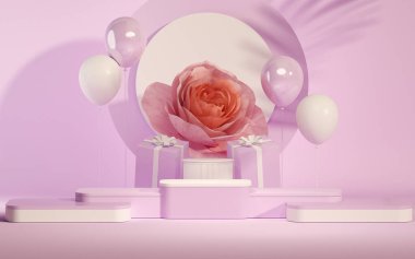 3 boyutlu podyum, pastel mor arka planda gül çiçekli hediye. Köpük ve palmiye yaprağı gölgesi. Güzellik için minimum kaide, kozmetik ürün. Sevgililer Günü, Kadınlar Günü. 3d hazırlayıcı