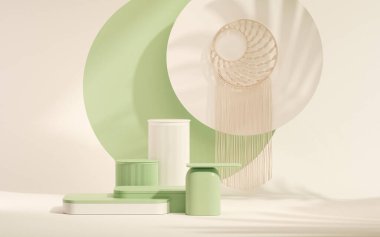 3 boyutlu podyum, pastel yeşili ve bej, palmiye yapraklı beyaz arka plan ve Macram duvar askıları. Güzellik için minimum kaide, kozmetik ürün. 3d hazırlayıcı
