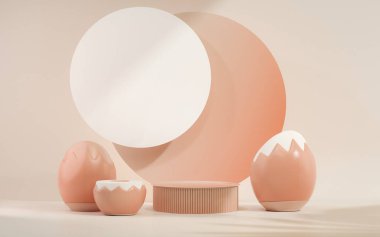 Paskalya yumurtaları podyumu. Pastel pembe ve bej sahne arkaplanlı 3D vektör. Ürün için geometri platformuyla Paskalya günü kozmetik ürünlerini gösteriyor. Temelde sahne gösterimi.
