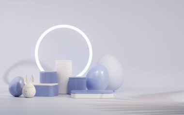 Paskalya yumurtaları podyumu. Pastel mavi ve mor arka planda 3D render vektör. Ürün için geometri platformu ile Paskalya günü. Kozmetik ürünlerini gösteriyor. Temelde sahne gösterimi.