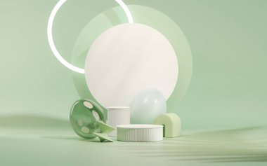 Paskalya yumurtaları podyumu. Pastel mavi ve yeşil arka planda 3D render vektör. Ürün için geometri platformu ile Paskalya günü. Kozmetik ürünlerini gösteriyor. Temelde sahne gösterimi.
