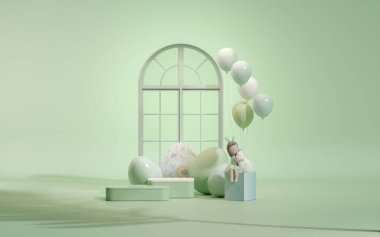 Paskalya yumurtaları podyumu. Pastel mavi ve yeşil arka planda 3D render vektör. Ürün için geometri platformu ile Paskalya günü. Kozmetik ürünlerini gösteriyor. Temelde sahne gösterimi.