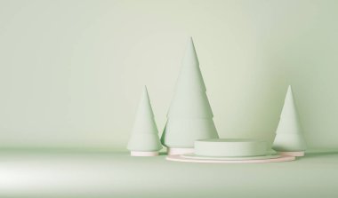 Hediyeler, çam ağaçları, podyum. Bej ve kırmızı, pastel mavi şekiller. Noel için kış tatili konsepti, dergiler, afişler, afişler. 3B görüntüleme