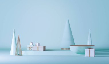 Hediyeler, çam ağaçları, podyum ve kardan adamın olduğu küçük bir sahne. yeşil ve beyaz, pastel mavi şekiller. Noel için kış tatili konsepti, dergiler, afişler, afişler. 3B görüntüleme