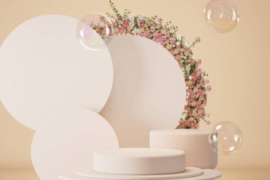 Pasta ve pembe gül çiçekli ürün sergisi için doğal güzellik podyumu. Güzel çiçek çerçevesi. Mercan zemininde logo, mesaj veya ürün görüntüleme için boş kopya alanı. 3d hazırlayıcı.
