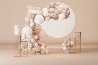 Romantik yaratıcı kompozisyon. Düğün için kemer çerçevesi, doğum günü, bebek partisi kutlaması, tatil. Tatil afişi ve poster. Beyaz ve pastel bej renkli afiş arkaplanı. 3d hazırlayıcı