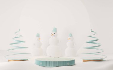Hediyeler, çam ağaçları, podyum ve kardan adamın olduğu küçük bir sahne. yeşil ve beyaz, pastel mavi şekiller. Noel için kış tatili konsepti, dergiler, afişler, afişler. 3B görüntüleme