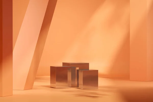 Tropikal yapraklı turuncu ürün podyumunun olduğu en küçük sahne. Pastel ve sakinleştirici mercan renkleri sahnesi. Sosyal medya afişleri için 3D moda. Geometrik şekiller iç kısımda.