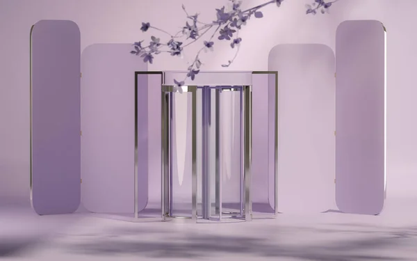 紫色のドアと太陽の影と葉の影と抽象的な表彰台 台座ガラススタジオ紫の背景にステージショーケース スタジオやファッションプレゼンテーションのための3Dレンダリング 幾何学形 — ストック写真