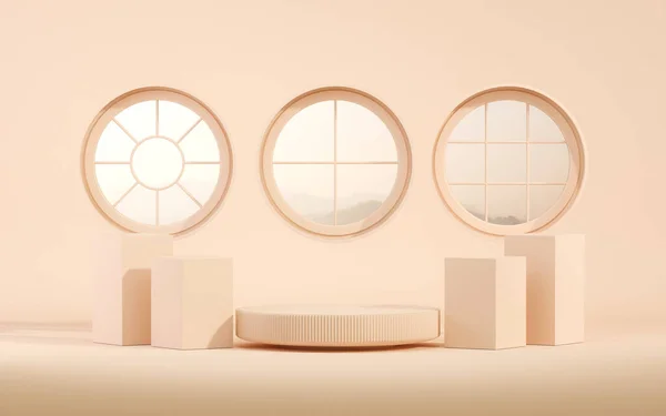 Bej kapılı, soyut bir podyum, güneş gölgesi ve tropikal bir saksı. Stüdyonun mor arka planında vitrin gösterisi. Stüdyo ve moda sunumu için 3D sunum. Geometri şekli.