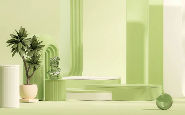 3 boyutlu podyum görüntüsü, pastel yeşil arka plan. Basamaklar ve geometrik şekiller. Doğanın güneş gölgesi, minimum güzellik ürünü sunumu. Beyaz ve bej renkli kaide reklamı. Stüdyo, soyut 3D canlandırma