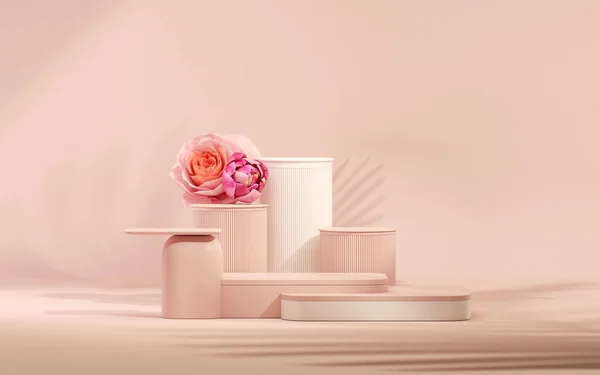 3 boyutlu podyum, gül çiçekli pastel pembe arkaplan. Şakayık çiçekleri ve palmiye yaprağı gölgesi. Güzellik için minimum kaide, kozmetik ürün. Valentine, kadınsı kopyalama alanı şablonu 3d oluşturma