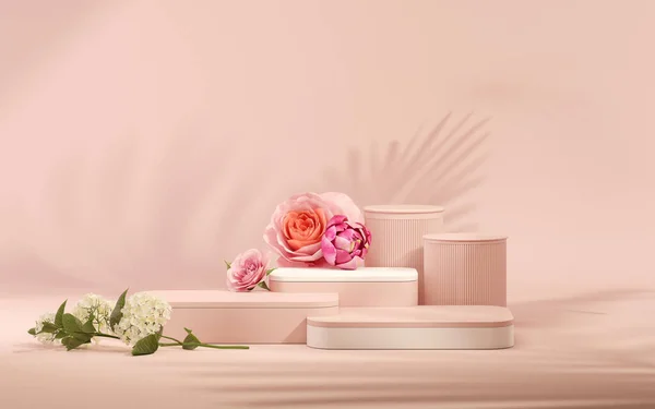 3 boyutlu podyum, gül çiçekli pastel pembe arkaplan. Şakayık çiçekleri ve palmiye yaprağı gölgesi. Güzellik için minimum kaide, kozmetik ürün. Valentine, kadınsı kopyalama alanı şablonu 3d oluşturma