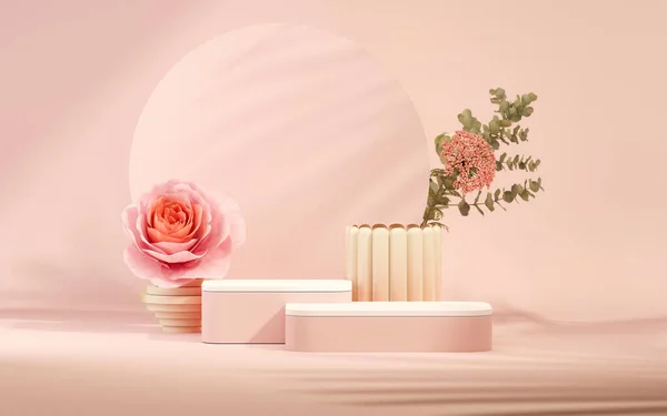 3 boyutlu podyum, gül çiçekli pastel pembe arkaplan. Şakayık çiçekleri ve palmiye yaprağı gölgesi. Güzellik için minimum kaide, kozmetik ürün. Valentine, kadınsı kopyalama alanı şablonu 3d oluşturma