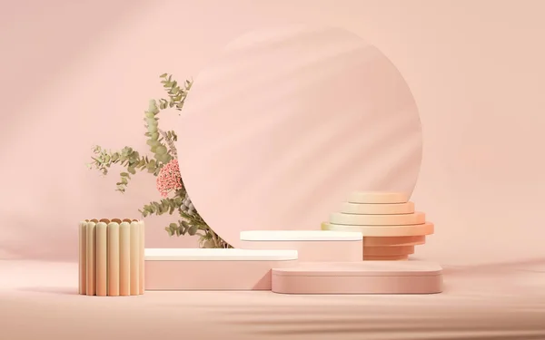 3 boyutlu podyum, gül çiçekli pastel pembe arkaplan. Şakayık çiçekleri ve palmiye yaprağı gölgesi. Güzellik için minimum kaide, kozmetik ürün. Valentine, kadınsı kopyalama alanı şablonu 3d oluşturma