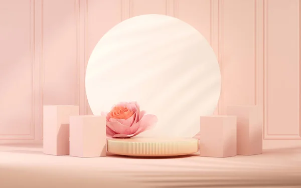 3 boyutlu podyum, gül çiçekli pastel pembe arkaplan. Şakayık çiçekleri ve palmiye yaprağı gölgesi. Güzellik için minimum kaide, kozmetik ürün. Valentine, kadınsı kopyalama alanı şablonu 3d oluşturma