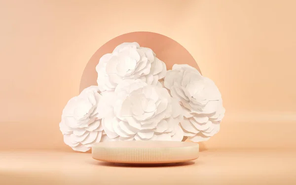 3 boyutlu podyum, gül çiçekli pastel pembe arkaplan. Kabarcıklar ve palmiye yaprağı gölgesi. Güzellik için minimum kaide, kozmetik ürün. Valentine, kadınsı kopyalama alanı şablonu 3d oluşturma